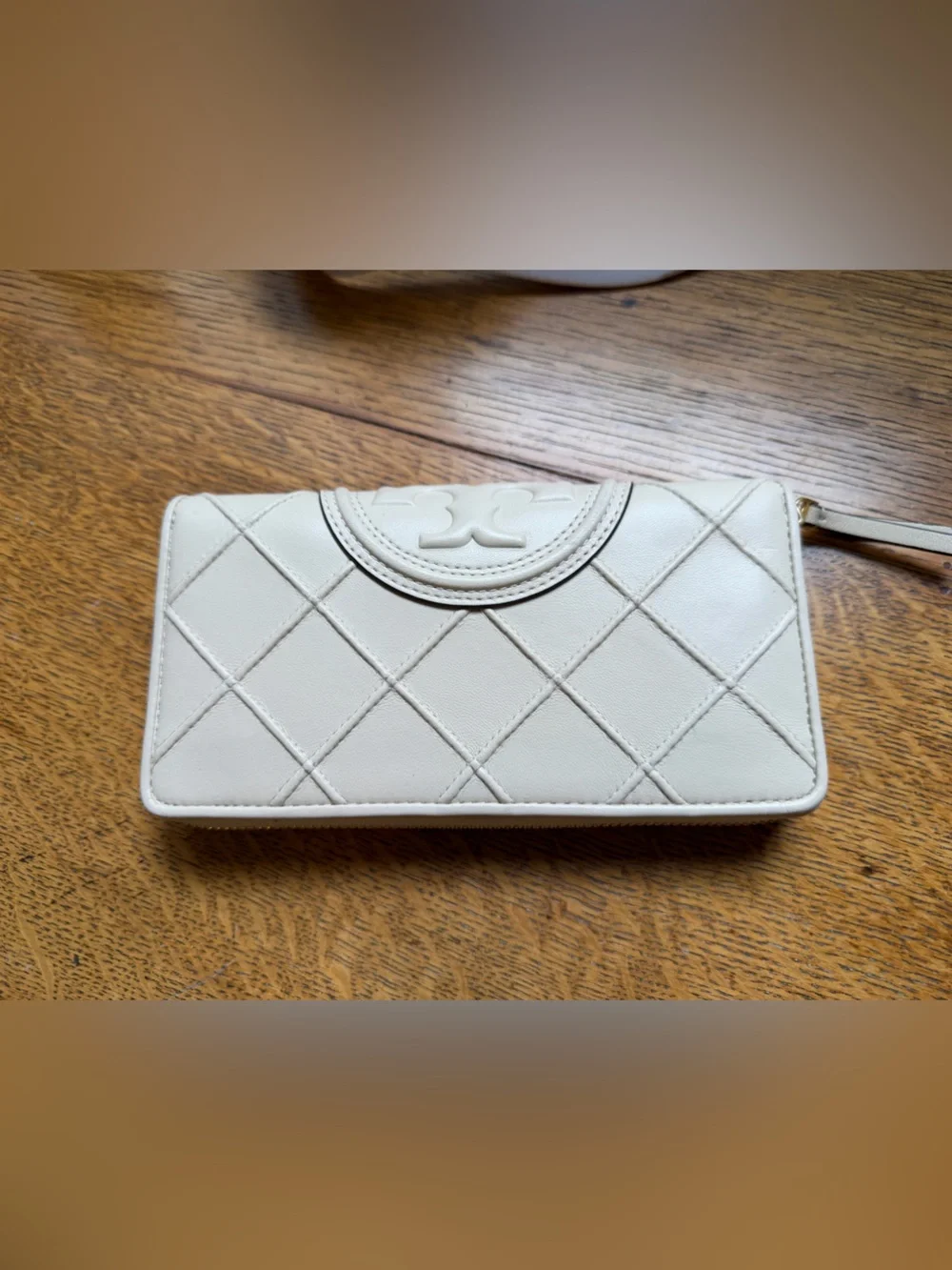Tory Burch Cream Quilted Leather Wristlet